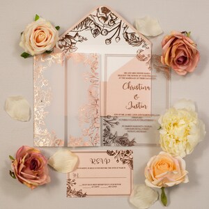 Rosegoldfolie Floral-Vellum-Tasche & 1 mm Acryl-Einladungs-Set, Rosegoldfolie-Einladungsset, vollständig angepasst Rosegoldfolie, DIY, Set