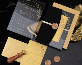Black & Gold Velvet Pocket Wedding Invitations, Acrylic Invites, Gold Themed Invitations, Wax Seals, Custom Invitation Kit