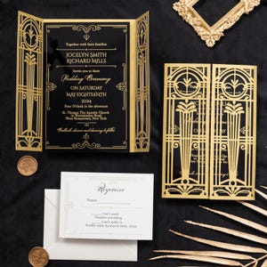 Black Foiled Acrylic with Deco Themed Lasercut, Gatsby Themed Wedding, Deco Wedding Invitations, Luxury Invites, Black and Gold Invitations