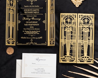 Black Foiled Acrylic with Deco Themed Lasercut, Gatsby Themed Wedding, Deco Wedding Invitations, Luxury Invites, Black and Gold Invitations
