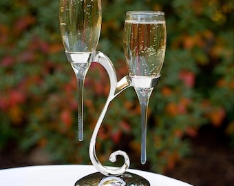 Personalised Wedding Champagne Flutes, Raindrop Glassware Set with Stand