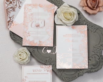 Rose Gold Foil Floral Vellum Pocket &  Invitation Set, Rose Gold Foil Invitation Set, Fully Customised Rose Gold Foil, DIY, Rose Gold Vellum