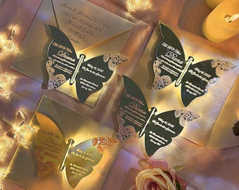 Unique Butterfly Acrylic Invitation, LED Light-Up Wedding Invitations, Custom Laser-Cut Event Invite, Elegant Modern Light-Up Acrylic Invite
