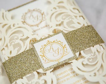 Ivory and Gold Foil Embossed Laser Cut Wedding Invitation Set, Custom Invitation Suites, Ready to Go Invitations, Elegant Wedding Invitation