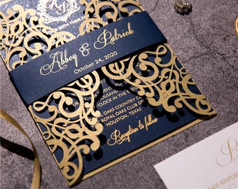 Faire-part de mariage découpé au laser, Faire-part de mariage en dentelle, Suite de mariage en aluminium, Papeterie de mariage élégante, Faire-part de couleur or rose, Ensemble personnalisable
