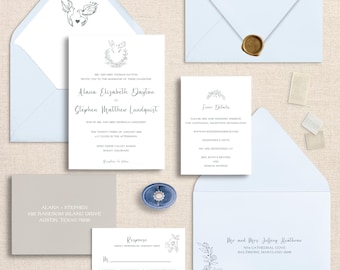 Light Blue Laurels & Bird Wedding Invitation Suite, Custom Elegant Invitation Suite, Personalized Wedding Invitations, Custom Invitation Set