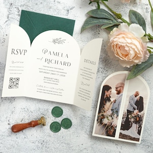 Invitación desplegable con forma de arco, elegantes invitaciones desplegables con detalles de boda personalizados, invitaciones desplegables con doble arco para bodas