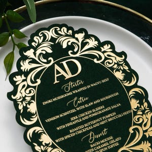 Gestanzte Menükarte aus Goldfolie mit 3D-Acryl-Namensschild, individuelles Hochzeitsmenü, foliebedruckte Menükarte, personalisierter Tischkarte