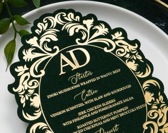 Die-Cut Floral Gold Foil Menu Card with 3D Acrylic Name Tag, Custom Wedding Menu, Foil Printed Menu Card, Personalized Name Place Card