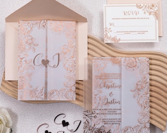 Rose Gold Foil Wedding Invitation: Acrylic, Vellum Pocket, Floral