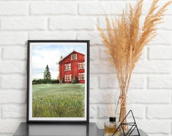 Swedish Home Watercolor Print, Scandinavian House Wall Art, Nordic Architecture Painting, Cozy Cottage Decor, Sweden Landscape Artwork
