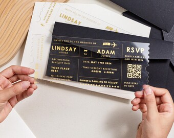 Custom Acrylic Ticket Wedding Invite, Destination Wedding Invite, Airline Ticket Style, Personalized Wedding Invite, Color Options Available