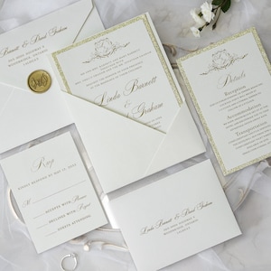 Ensemble de faire-part de mariage ivoire et doré, élégante suite d'invitations personnalisées, faire-part pour un événement formel, RSVP incluse, papeterie de luxe