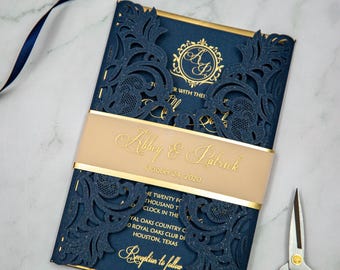 Embossed & Laser Cut Navy and Gold Foiled Invitation, DIY Layered Gold and Navy Invitation, Gold Foil Invitation Set, Custom Wedding Invites