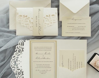 Elegant Laser Cut Wedding Invitation, Lace Embossed Tri Fold Pocket Invite, Romantic Formal Wedding Suite, Luxury Invitation Set