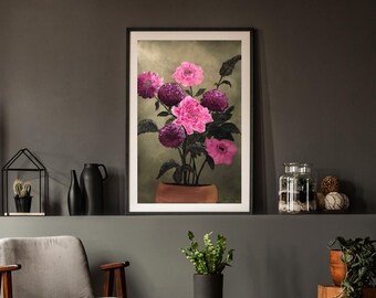 Vintage Floral Wall Art, Dark Peony Oil Painting Print, Renaissance Style Decor, Moody Olive Green Art, Classic Flower Canvas Poster