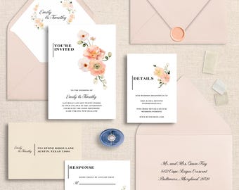 Peach Floral Invitation Suite, Coral & Warm Tone Floral Invitations, Semi-Custom Wedding Invitations, Elegant Custom Floral Suite