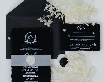 Elegant Black Deckle Edge Wedding Invitation, Custom UV Printed, Luxury Wedding Stationery, Modern Wedding Invite, Personalized Wedding Card