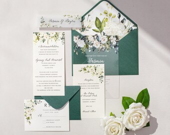 Luxury Acrylic Wedding Invitations, Printed White Florals, Emerald Green, Custom Invitation Suite, RSVP & Details Cards, Elegant Envelopes