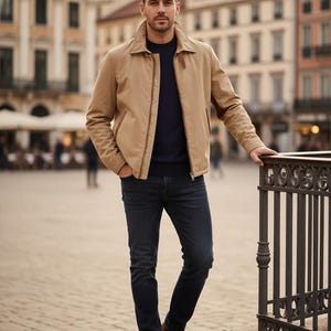 Men's cotton jacket with leather inserts, casual chic vintage style, new with tag, 1980s/90s, made in Italy