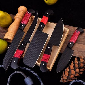 Custom Made Carbon Steel Blade Kitchen/Chef Knife Set 5 pieces, Unique High Grade Hand Forged Kitchen Knives Set.