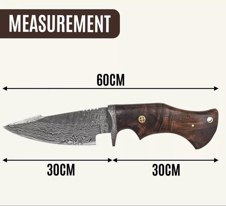 May include: A Damascus steel hunting knife with a wooden handle. The blade is 30 inches long and the overall length is 60 inches.