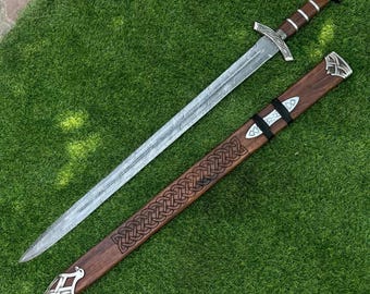 Handmade Forged Damascus Steel Viking Sword Sharp Medieval Sword with Sheath,Viking Sword Gift,Norseman Sword,Damascus Sword ,Gift For her