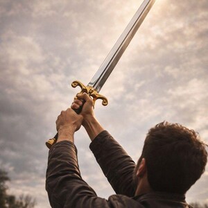 May include: A silver sword with a gold hilt is held aloft against a cloudy sky. The sword's blade reflects sunlight, and the hilt features ornate detailing. The image captures a moment of triumph or aspiration.
