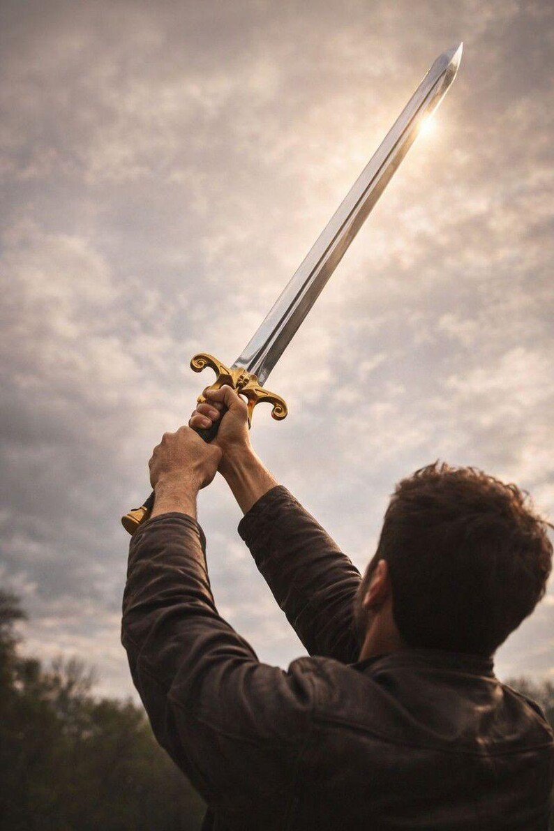 May include: A silver sword with a gold hilt is held aloft against a cloudy sky. The sword's blade reflects sunlight, and the hilt features ornate detailing. The image captures a moment of triumph or aspiration.