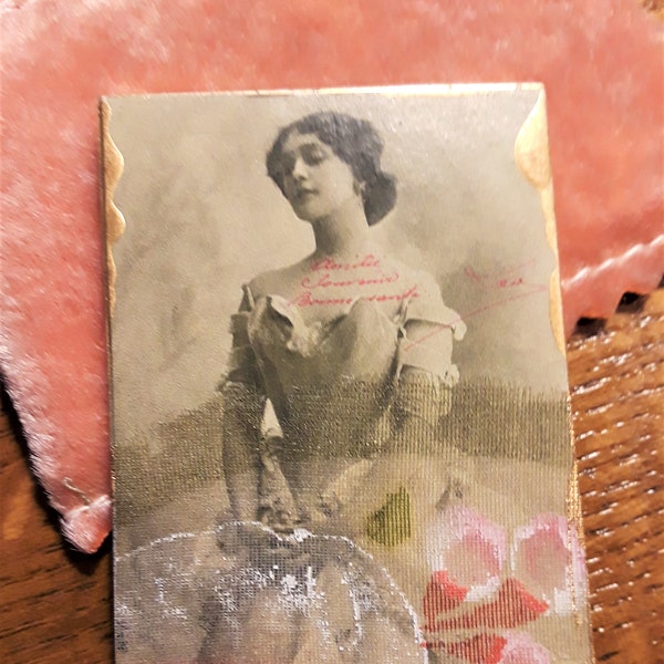 Tiny PURSE MIRROR 1906 Ballerina DANCER Make Up Lipstick Pocket Vintage Textiles Hand