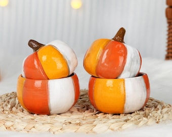 Handmade Ceramic Pumpkin Decoration,Hand Painted Orange and White Tabletop Pumpkin,Halloween Thanksgiving Decor, Gift for friend