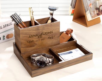 Organizzatore da scrivania personalizzato in noce per la Festa del Papà, con scomparti multipli, portapenne personalizzato, porta pennelli per il trucco, accessorio da ufficio, decorazione per la scrivania.