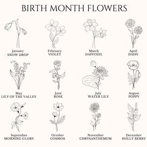 Op de afbeelding: Een zwart-wit illustratie van geboortebloem. Elke maand wordt vertegenwoordigd door een andere bloem, waaronder sneeuwklokje, viooltje, narcis, madeliefje, lelietje-van-dalen, roos, waterlelie, klaproos, winde, kosmos, chrysant en hulst.