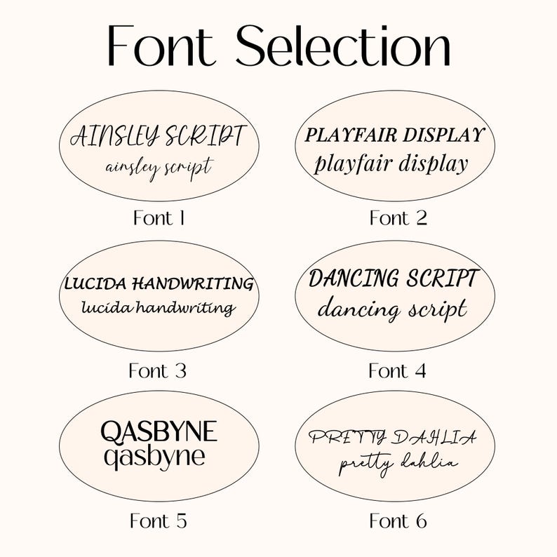 Op de afbeelding: Een afbeelding met zes lettertype selecties. Elk lettertype wordt gepresenteerd in een ovaal met de lettertypenaam en een voorbeeld van de lettertypestijl. De tekst "Font Selection" staat bovenaan. Lettertypen zijn onder andere Ainsley Script, Playfair Display, Lucida Handwriting, Dancing Script, Qasbyne en Pretty Dahlia.