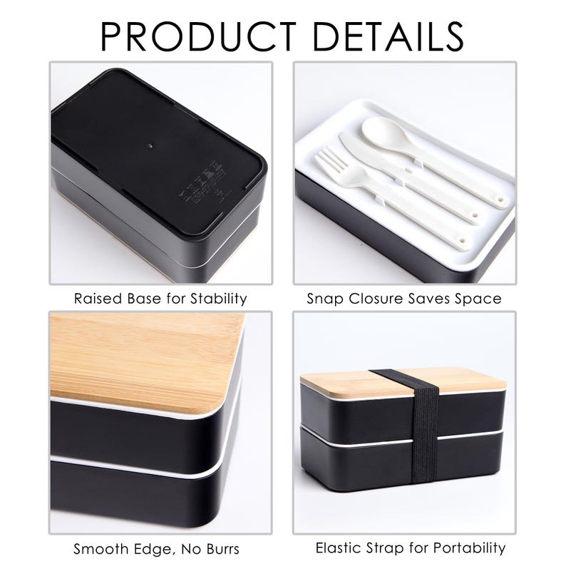 May include: A two-tiered lunch box with a black base and a wooden top. The lunch box has a snap closure and an elastic strap for portability. The lunch box comes with a set of white utensils.
