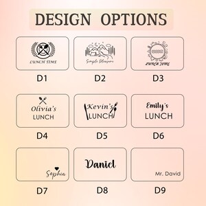 May include: Nine different design options for a lunch bag. The designs include a fork and spoon, a camping scene, a world map, a fork and knife with the text "Olivia's Lunch", a fork and knife with the text "Kevin's Lunch", a fork and knife with the text "Emily's Lunch", a heart with the text "Sophia", the text "Daniel", and the text "Mr. David".
