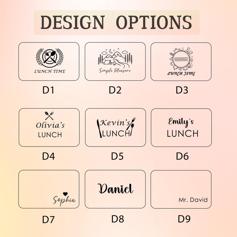 May include: Nine different design options for a lunch bag. The designs include a fork and spoon, a camping scene, a world map, a fork and knife with the text "Olivia's Lunch", a fork and knife with the text "Kevin's Lunch", a fork and knife with the text "Emily's Lunch", a heart with the text "Sophia", the text "Daniel", and the text "Mr. David".