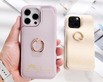 Gepersonaliseerde leren telefoonhoes met kaarthouder | Portemonnee iPhone 15/14-hoesje | Cadeaus voor haar, verjaardag, jubileum, Vaderdag