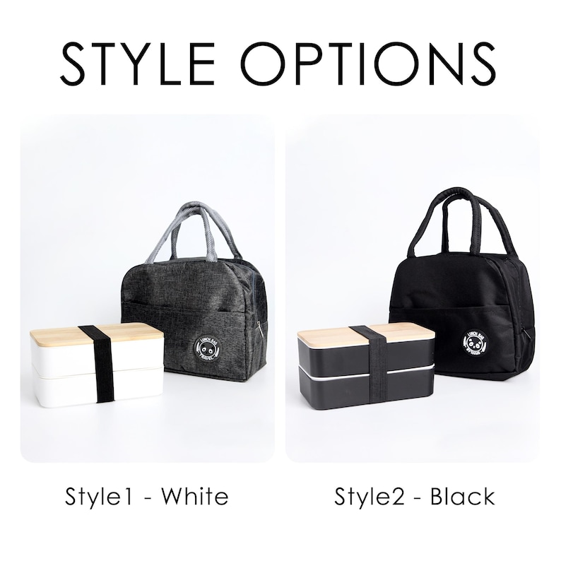 May include: Two lunch bag styles with matching lunch boxes. The first style is a gray lunch bag with a white lunch box and the second style is a black lunch bag with a black lunch box. Both lunch bags have a black handle and a black zipper. Both lunch boxes have a wooden top and a black bottom.