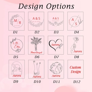May include: A range of design options presented on rectangular cards. Designs include initials, floral motifs, and the word "Aurora." The text "Design Options" is at the top, and each design is labelled with a "D" followed by a number.