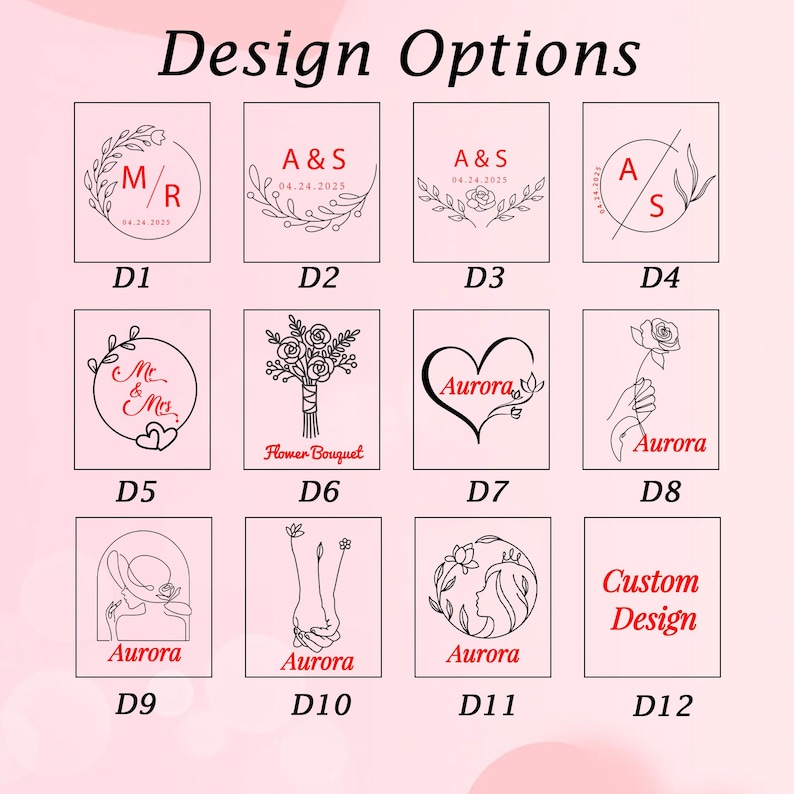 May include: A range of design options presented on rectangular cards. Designs include initials, floral motifs, and the word "Aurora." The text "Design Options" is at the top, and each design is labelled with a "D" followed by a number.
