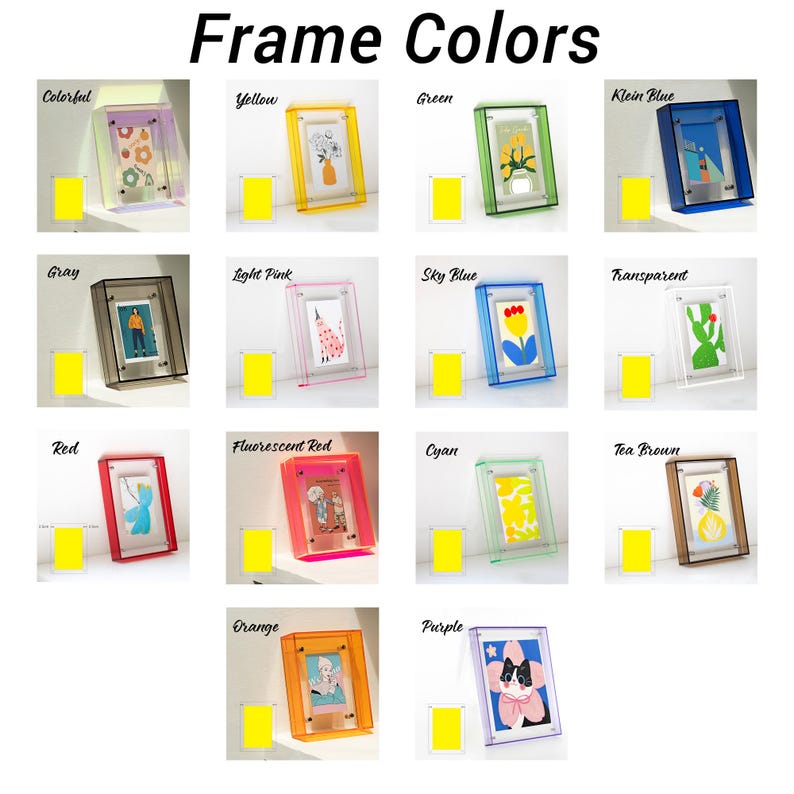 Pode incluir: Uma cole&ccedil;&atilde;o de molduras de fotos acr&iacute;licas coloridas em v&aacute;rias cores, incluindo amarelo, verde, azul, cinza, rosa, vermelho, laranja e roxo. Cada moldura cont&eacute;m uma pequena imagem. O texto "Frame Colors" est&aacute; no topo.