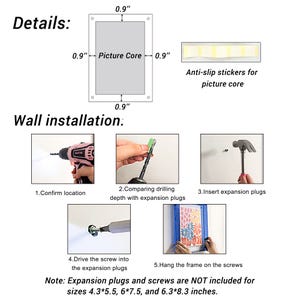 Pode incluir: Diagrama mostrando detalhes da moldura e etapas de instala&ccedil;&atilde;o na parede. Inclui medidas em polegadas, adesivos antiderrapantes e instru&ccedil;&otilde;es para perfurar, inserir buchas e pendurar a moldura. Texto: "Detalhes" e "Instala&ccedil;&atilde;o na parede".