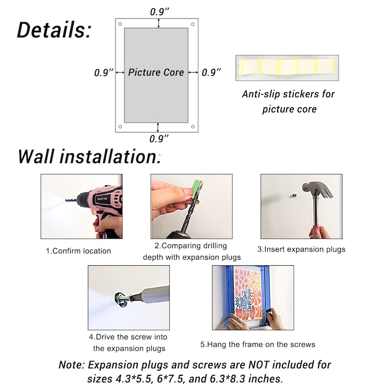 Pode incluir: Diagrama mostrando detalhes da moldura e etapas de instala&ccedil;&atilde;o na parede. Inclui medidas em polegadas, adesivos antiderrapantes e instru&ccedil;&otilde;es para perfurar, inserir buchas e pendurar a moldura. Texto: "Detalhes" e "Instala&ccedil;&atilde;o na parede".