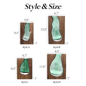 May include: Four decorative vases are shown, each with a unique shape and set within a wooden frame. Dimensions are provided in inches. The text "Style & Size" is at the top of the image. The sizes are also shown in cm.