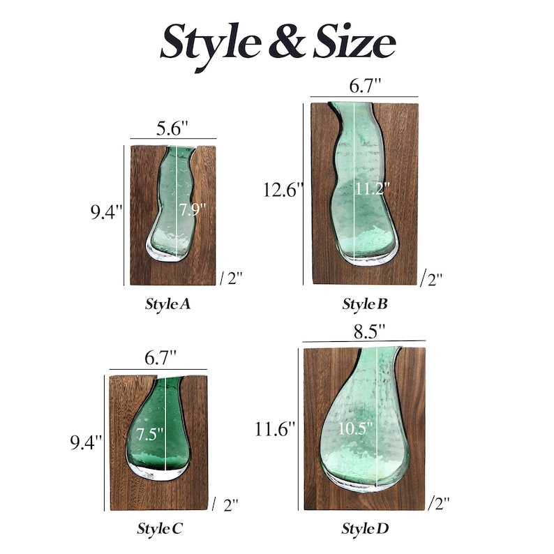 May include: Four decorative vases are shown, each with a unique shape and set within a wooden frame. Dimensions are provided in inches. The text "Style & Size" is at the top of the image. The sizes are also shown in cm.