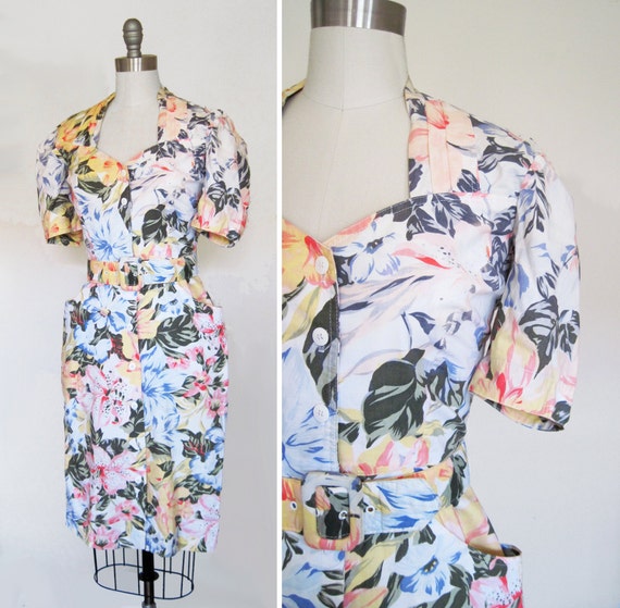 Vintage 80s Floral Grunge Sheath Dress sz Medium