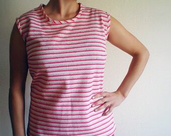 Vintage 1970s 70s Pink Candy Cane Sleeveless Top - Large