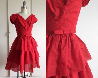 Vintage 50s 60s Tiered Red Cocktail Dress with Bow XS