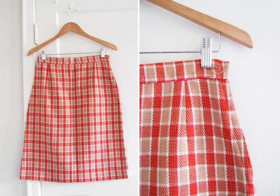 Vintage 70s Plaid A Line Skirt / Red and Brown sz… - image 1